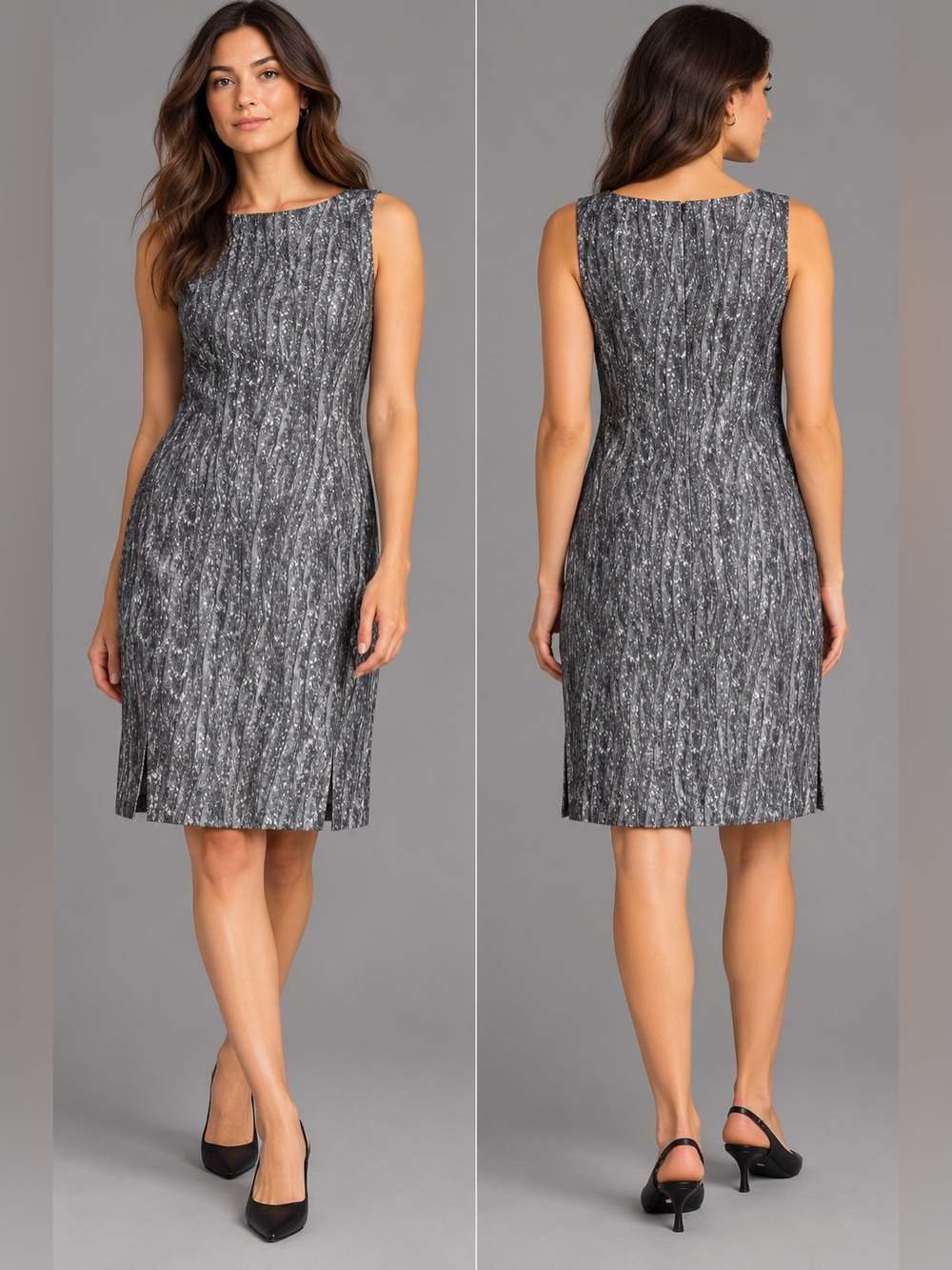Kasper Metallic Jacquard Sheath Dress Black Gray Womens 16 Cocktail Workwear